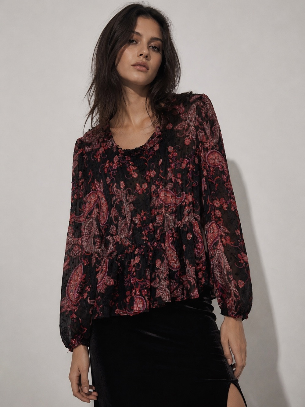 Love Story Women's Puff Sleeve Velvet Burnout Blouse Top Size L Whimsygoth